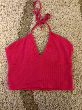 Wilfred Bright Pink Ribbed Halter Crop Tank